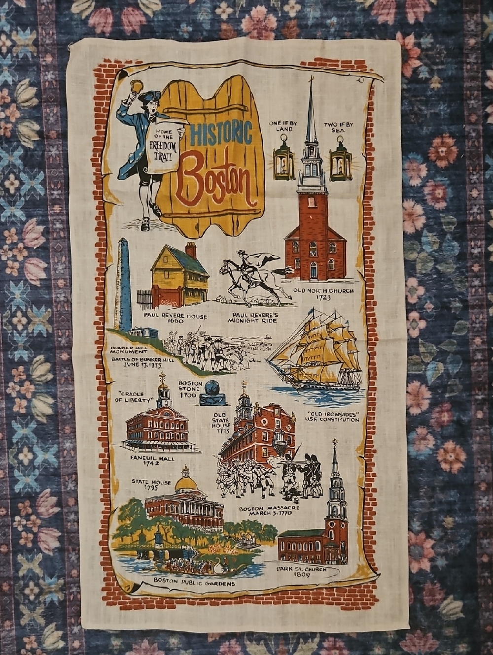 Historic Boston Illustrated Tea Towel - Cream, Blue, Yellow